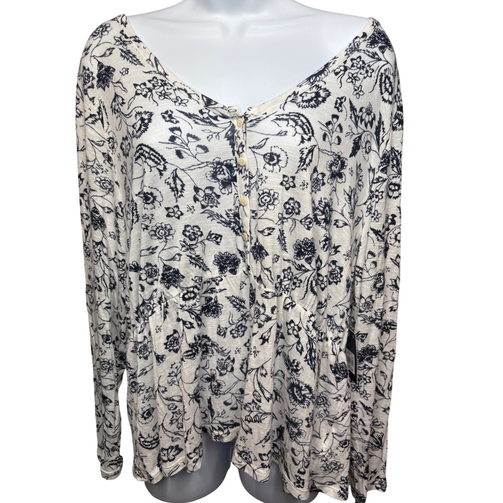 NWT LUCKY BRAND Womens Ivory Navy Floral Peplum Long Sleeve Henley Top XL Boho